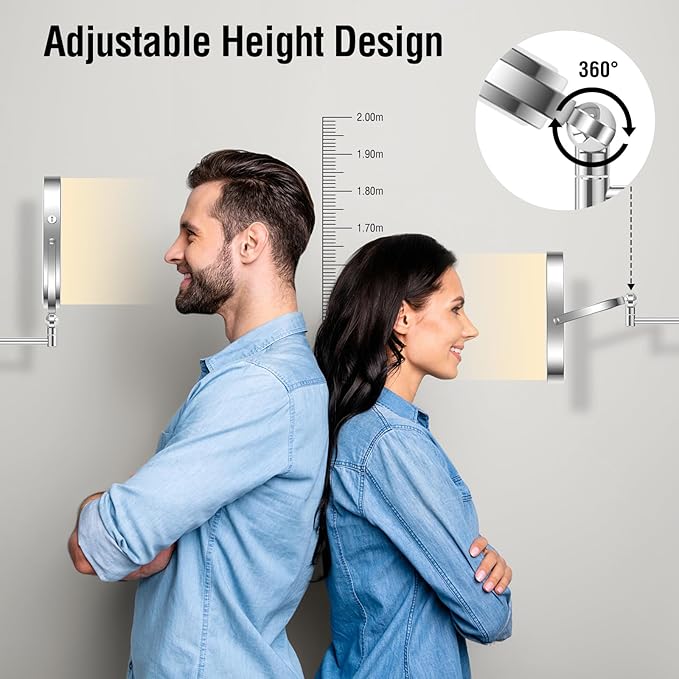 360° Rotation Adjustable 10x Large Wall Mounted Makeup Mirrror, Height Adjustable Lighted Mirror, 8" Double Sided Mirror, 1X/10X Magnifying Bathroom Mirror, Detachable Ring, 3 Color Lights