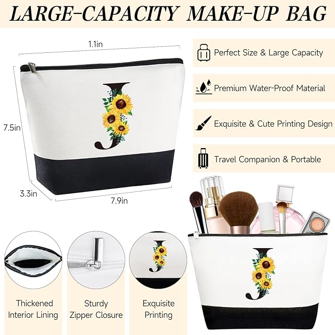 Personalized Gifts for Women, Monogrammed Gifts for Women, Initial Monogram Gifts Sunflower Birthday Gifts for Women Mom Sister Best Friends - Monogrammed Canvas Tote Bag & Makeup Bag & Glass Cup J