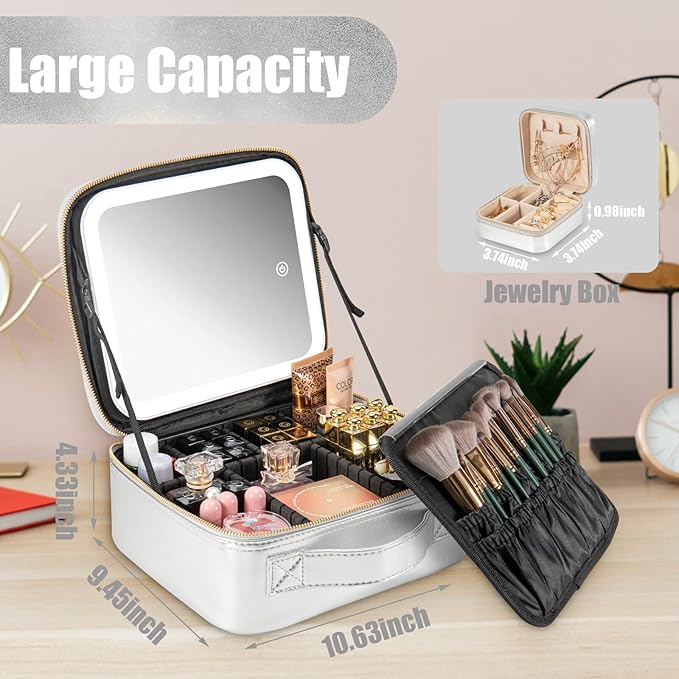 Makeup Travel Train Case with Mirror LED Light 3 Adjustable Brightness Cosmetic Bag Portable Storage Adjustable Partition Waterproof Makeup Brushes Makeup Jewelry Gift for Women