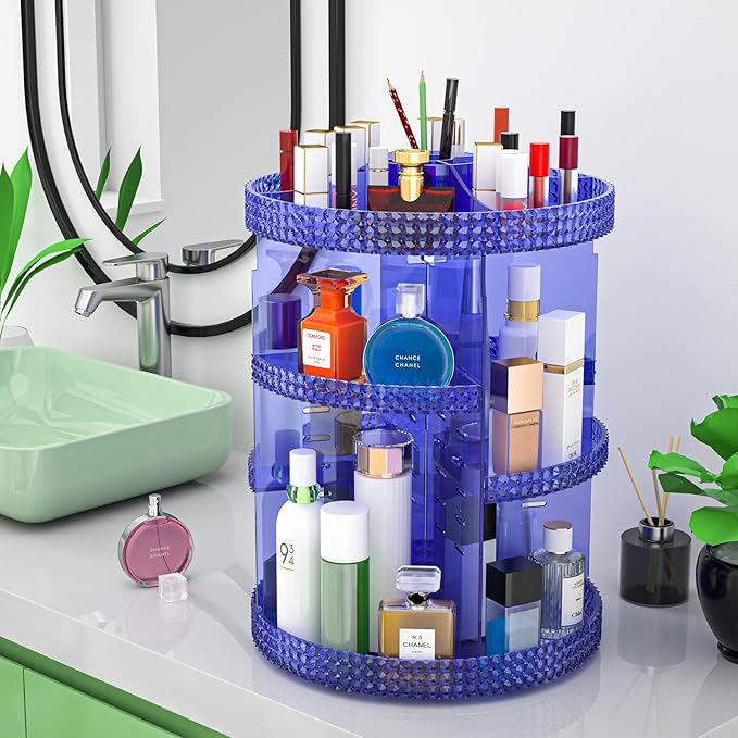 360 Large Rotating Makeup Organizer Countertop, Blue Acrylic Makeup Organizers, Organizador De Perfumes, 7 Layers Large Make Up Organizer, Huge Storage Fits for Vanity and Bathroom - Plus Size Blue