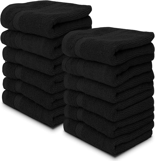 White Classic Luxury Cotton Washcloths Set 12 Pack - Hotel Quality Cleansing Face Towels Set, Black Small Bathroom Hand Towels | 12 Pack | Black
