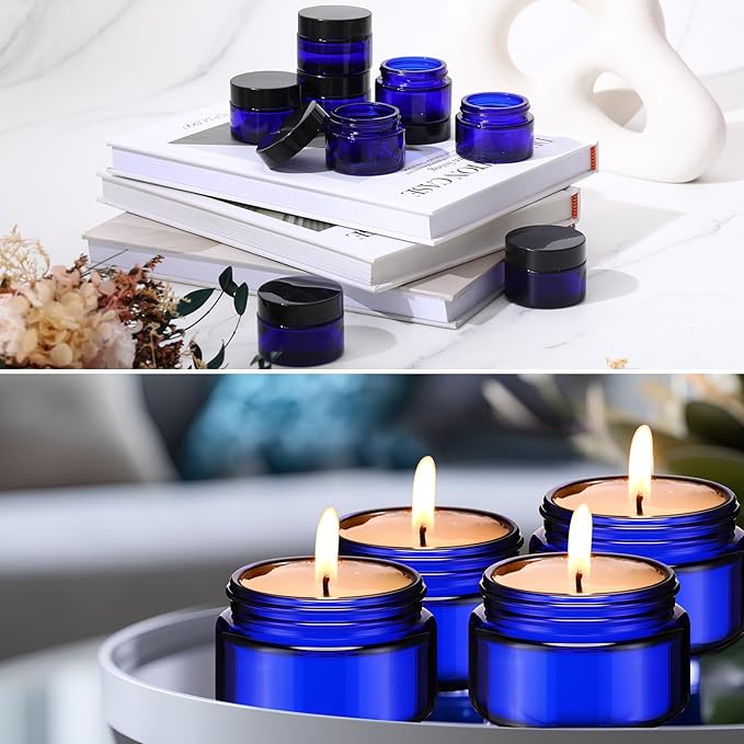 Domensi 60 Pcs 1oz Glass Jars with Lids Bulk Salve Tins Small Glass Candle Cosmetic Jars for Travel with Inner Liners Containers for Lotions Sample Cream(Cobalt Blue, Black Lid)