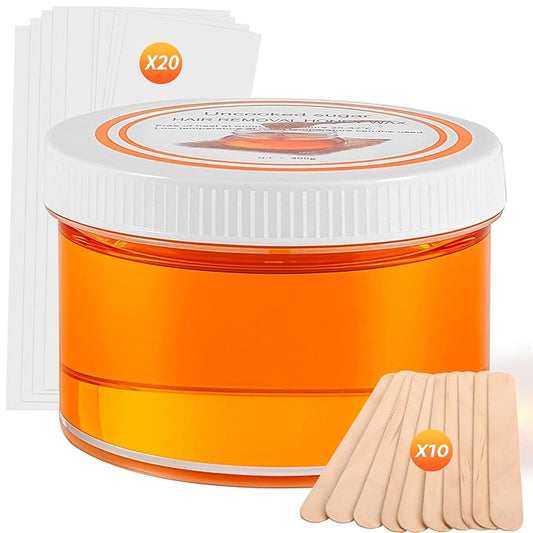 Sugar Wax Kit for Hair Removal: 300g/10.6oz Organic Sugaring Wax for Body Leg Arm Bikini Back - Includes 20PCS Strips & 10pcs Sticks