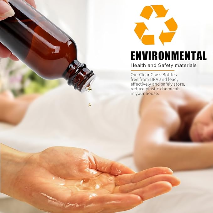 4oz Amber Glass Bottles, Boston Round Glass Bottles (50 Pack) with Leak-proof Caps, Refillable Container for Homemade Vanilla Extract, Essential Oils, Herbal Medicine and More