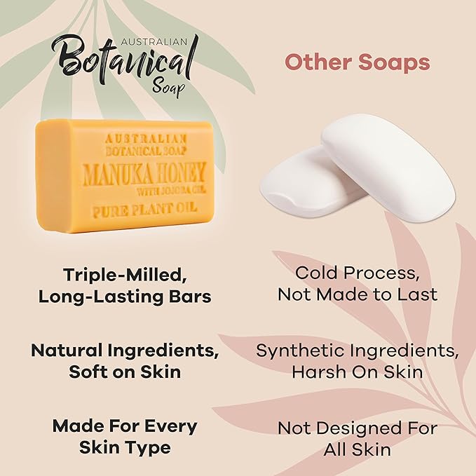 Australian Botanical Goats Milk Soap, Raspberry, Manuka Honey, Pink Lychee and Valencia Orange 6.6 OZ, Luxury Soap Bars Enriched with Shea Butter, Suitable for all Skin Types, Pack of 4