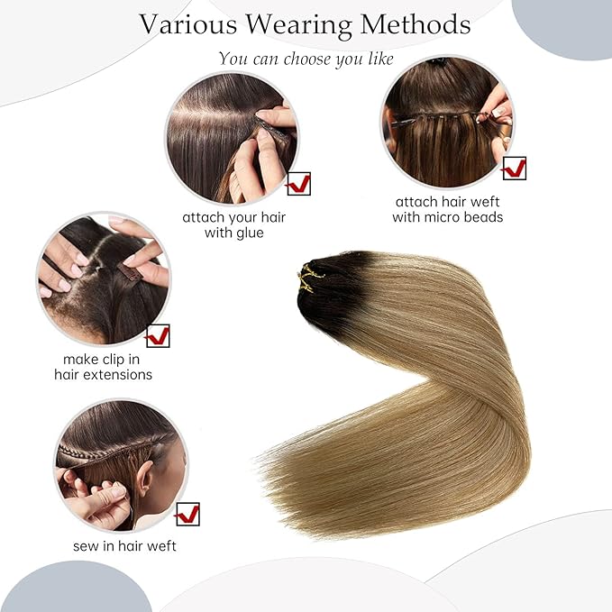 Sew in Hair Extensions Real Human Hair, 24 Inch 120G Weft Hair Extensions Human Hair, Ombre Brown Balayage Blonde Hand-Tied Weft Hair Extensions Weave Bundles Human Hair Extensions for Women