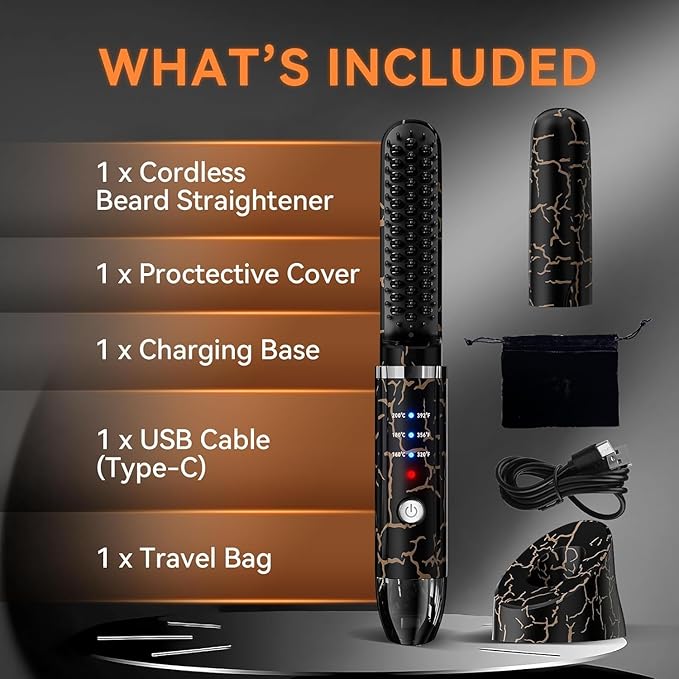 Beard Straightener for Men, Cordless Heated Beard Brush, Portable Beard Hot Combs, Ionic Mini Hair Straightener with 3 Temp Settings, Coarse & Curly Hair Brush, Grooming Kit for Men