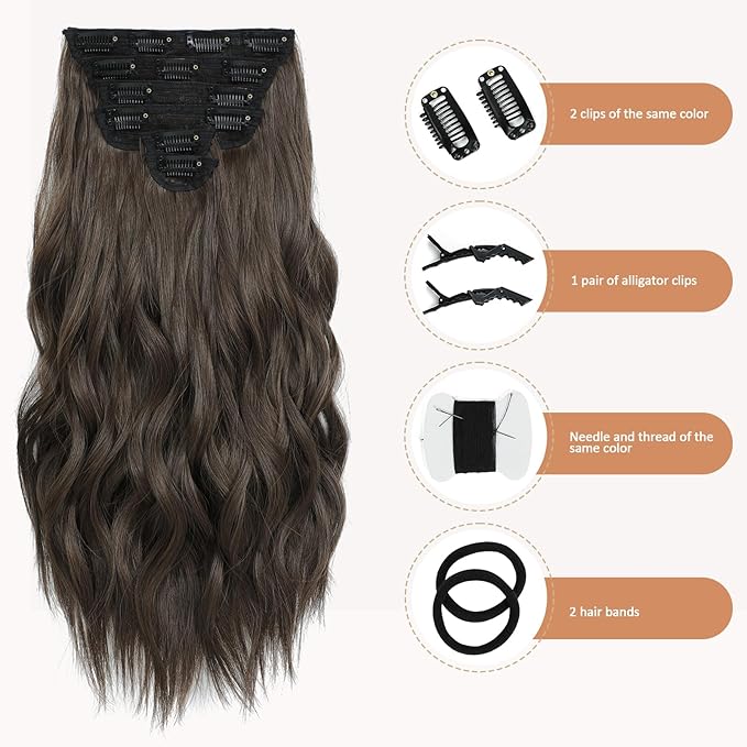 Clip in Hair Extensions for Women - 20 Inch Long Wavy Brown Extensions, 6PCS Chestnut Brown Hairpieces that Blend Naturally with Your Real Hair (20 Inch, Chestnut Brown)