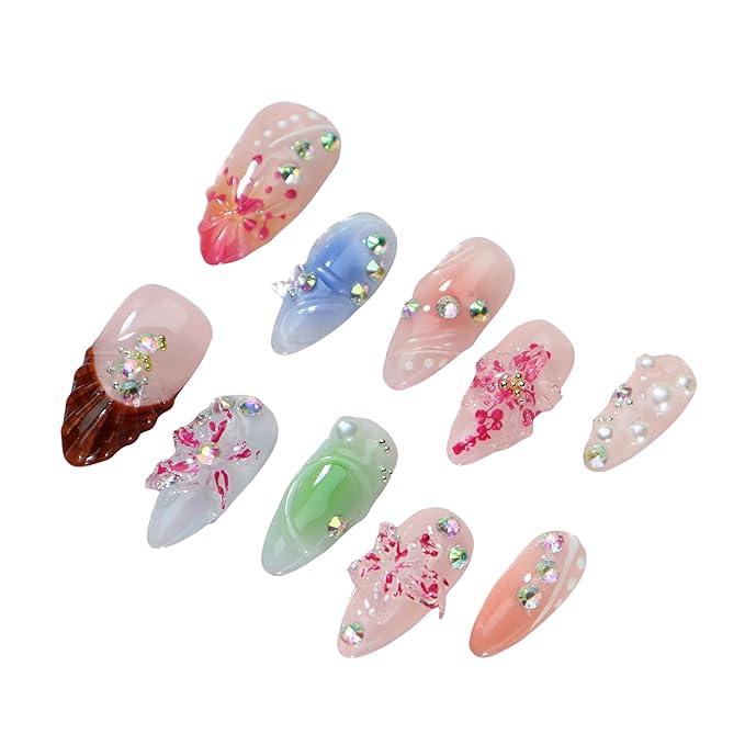 Almond Press on Nails Handmade Medium Long/Stiletto 3D Flower Fake Nail with Designs, Women Reusable False Nails (Colorful Floral, S)