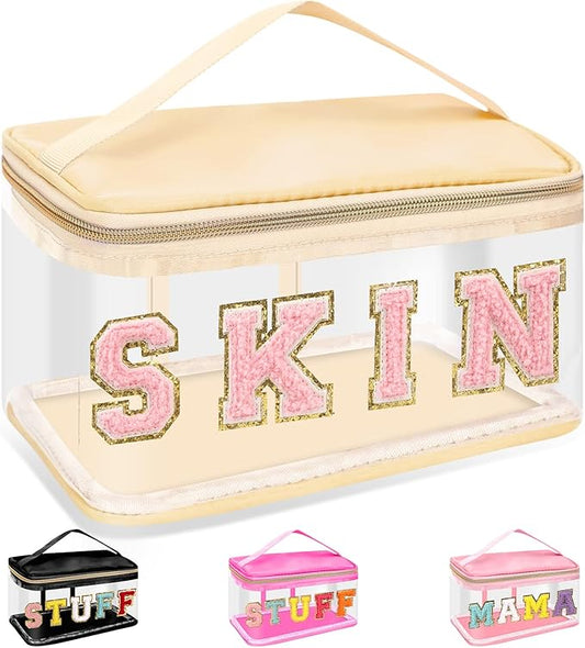 Chenille Letter Clear Makeup Bags Skin Pouch, Preppy Patch Makeup Bag Zipper with Handle, Transparent PVC & Nylon Waterproof Glitter Cosmetic Handbag Travel Toiletry Storage for Women Girl(SKIN-Beige)