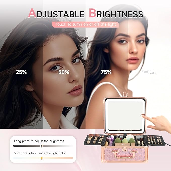 Leeora&Leekoo Makeup Box with LED Mirror & Aluminum Frame, Compact Multi-Layer Cosmetic Organizer - Portable ABS Travel Train Case for Makeup Storage(Gift for Girlfriend/Daughter) (Pink)