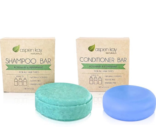 Peppermint & Rosemary Shampoo & Conditioner Bar Set, Organic, Vegan, Volumizing, Hydrating Argan Oil Conditioner & Shampoo for Curly or Straight Hair, Paraben & Sulfate Free, Made in USA