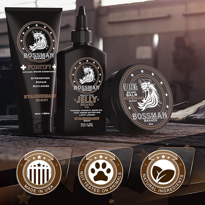 Bossman Essentials Beard Kit for Men – Beard Oil Jelly, Fortifying Conditioner Cream & Beard Balm – Grooming Care Accessories (Stachecoach Scent)