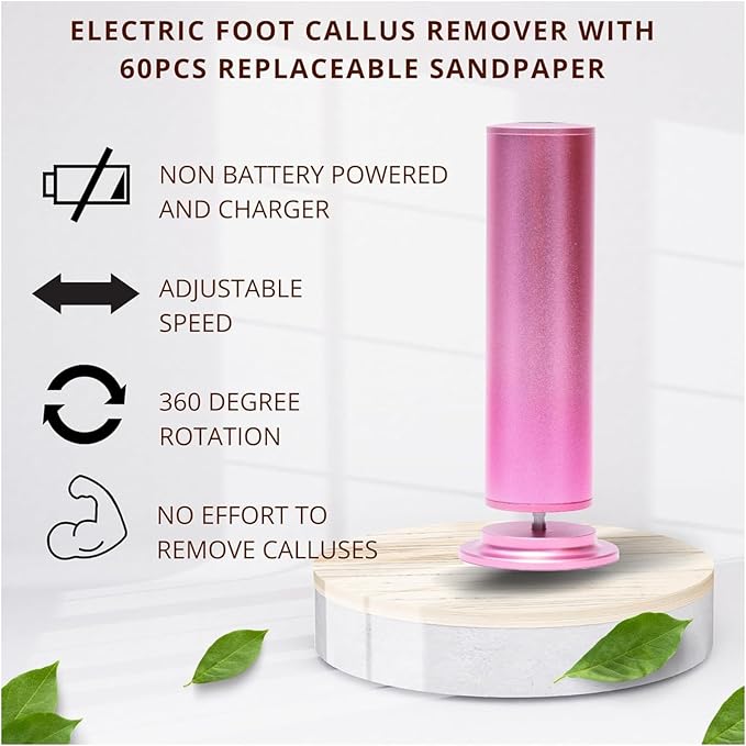 Electric callus remover, foot sander, enhanced pedicure tool with speed controller and 60 spare sanding discs for men and women, removes calluses, dead and dry skin, pink and black color.
