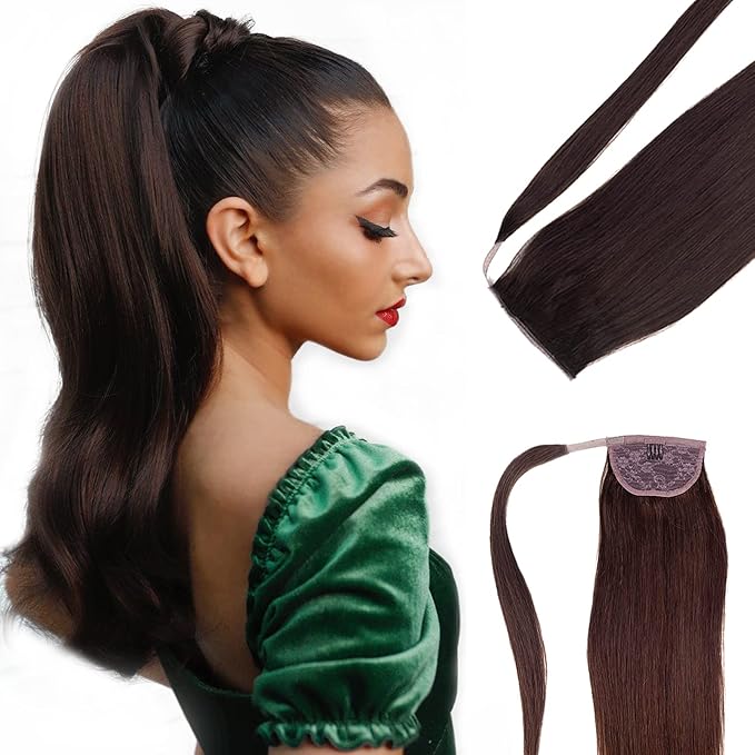 Ponytail Extension Human Hair Ponytail Straight Clip in Wrap Around Pony Remy Hair Extensions for Women 18 Inch 80G #Dark Brown