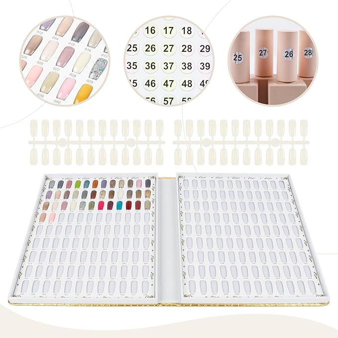 216 Colors Nail Display Chart, Nail Gel Polish Organizer Color Card with 240 False Nail Tips, Nail Color Display Book Chart Salon Nail Supplies Sample Chart Tool Set Nail Swatch (Gold, 2 Pack)