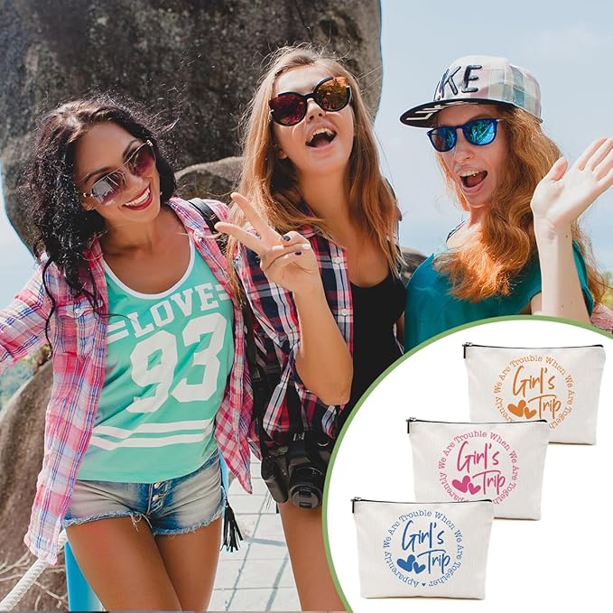 3Pcs Girls Weekend Gifts, 2025 Girls Trip Gifts Favors Travel Gifts Funny Makeup Bag, Weekend Bag Cosmetic Bag, Friendship Gifts for Women Sister Bride BFF, Graduation Wedding Gifts Toiletry Bag