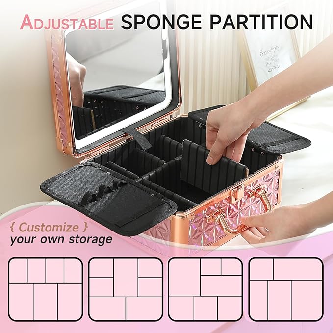 Leeora&Leekoo Makeup Box with LED Mirror & Aluminum Frame, Compact Multi-Layer Cosmetic Organizer - Portable ABS Travel Train Case for Makeup Storage(Gift for Girlfriend/Daughter) (Pink)