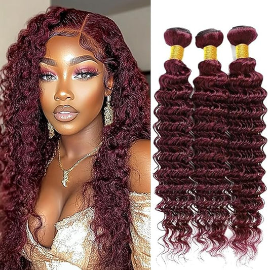 Burgundy Deep Wave Bundles Color 99j Loose Deep Water Wave Human Hair Bundles 8a Grade Double Weft Weave Extensions Brazilian Human Hair Soft and Silky for Black Women 24 26 28 Inch