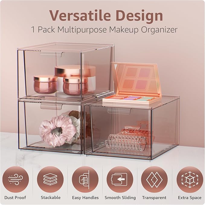 Sorbus Clear Stackable Storage Drawers - 1 Pack Acrylic Drawer Organizer for Vanity, Bathroom Makeup Organizer, Kitchen Cabinets, Undersink - Plastic Storage Bins for Home Organization and Storage