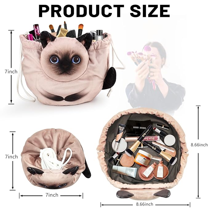 Openhaha Drawstring Travel Organizer, Cosmetic Pouch - Cat Gift for Women, Lay Flat Makeup Bag Gifts for Cat Lovers (2-Pack)