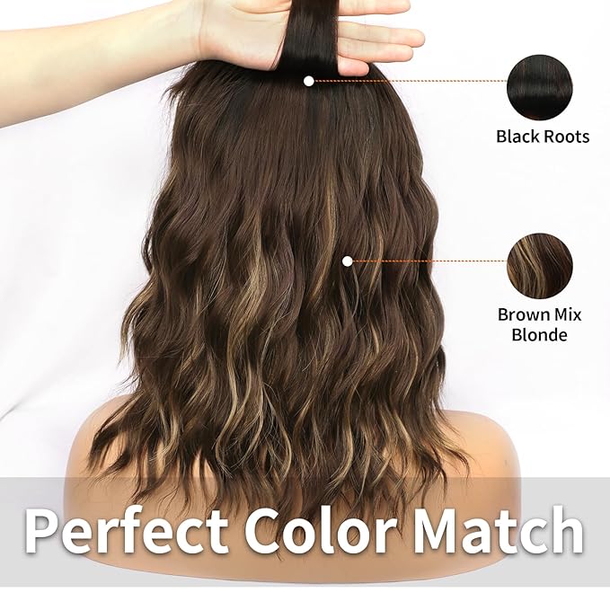 AISI HAIR Synthetic Curly Bob Wig with Bangs Natural Brown with Blonde Highlight Short Wavy Hair for Women Natural Looking Heat Resistant Bob Wigs