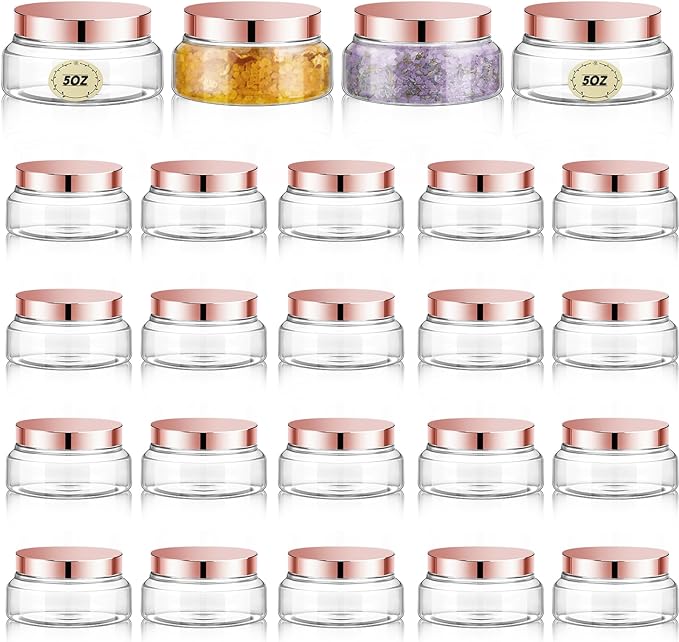 Tessco 24 Pack Plastic Jars with Lids Labels Empty Clear Plastic Jars Round Refillable Cosmetic Containers Body Butter Containers Bulk Sugar Scrub Bottle for Make Up(5 oz,Clear, Rose Gold)