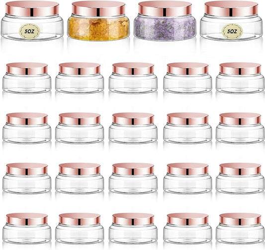 Tessco 24 Pack Plastic Jars with Lids Labels Empty Clear Plastic Jars Round Refillable Cosmetic Containers Body Butter Containers Bulk Sugar Scrub Bottle for Make Up(5 oz,Clear, Rose Gold)