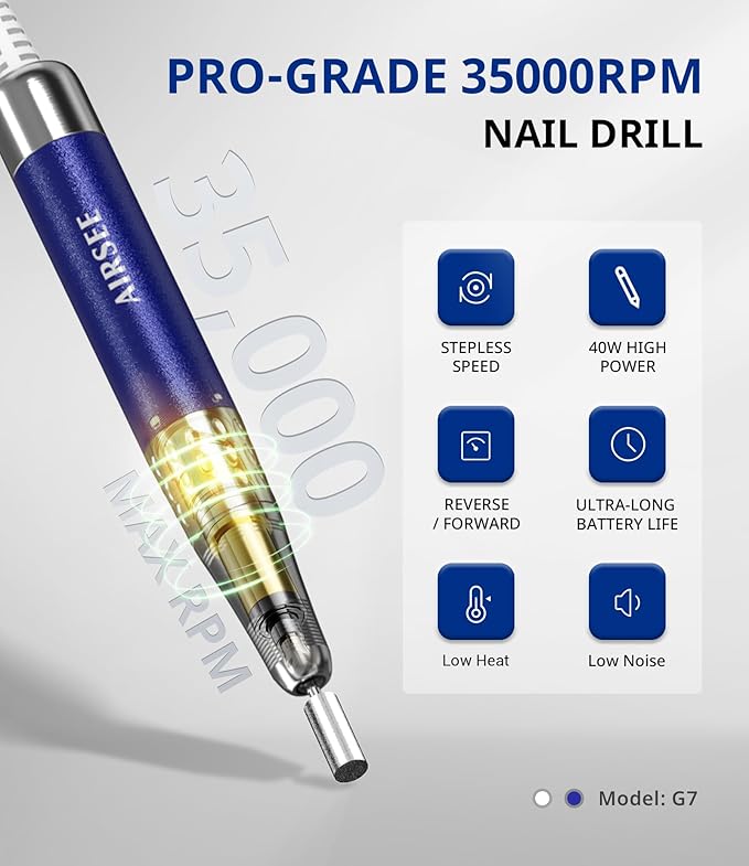 AIRSEE Updated Professional Nail Drill,Rechargeable Cordless Efile Machine for Acrylic Extension Gel Dip Powder Powerful Portable Efile 56 Sanding Bands 7 Bits,Low Noise Low Heat,G7 Blue