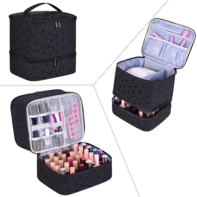 Nail Polish Carrying Case Bag-Holds 30 Bottles, Double-Layer Nail Polish Storage and Nail Dryer Case (Black)