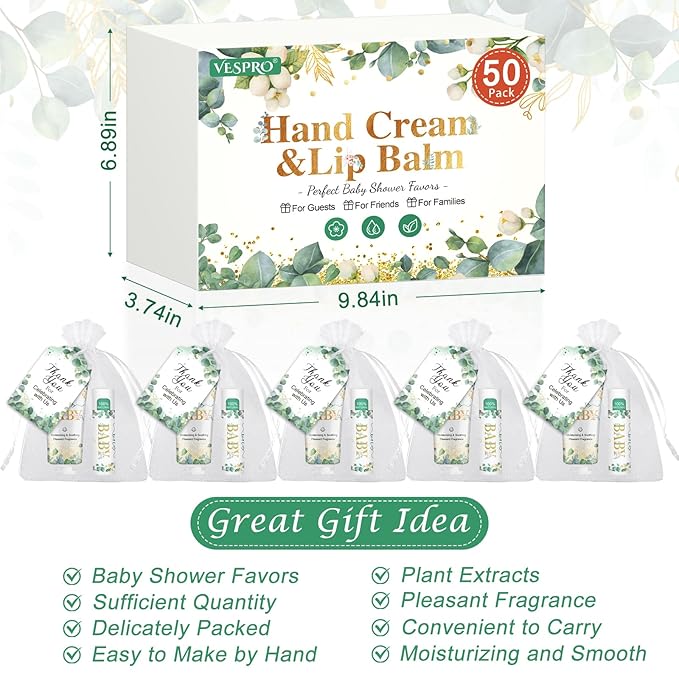 50 Pack Hand Cream Bulk and Lip Balm Bulk Gifts Sets, Baby Shower Favors and Bridal Shower Favors for Guests with Thank You Card and Organza Gift Bags, Thank You Gifts for Women (Oh Baby)