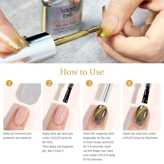 Cat Eye Gel Nail Polish with Magnet Stick, 15ml Glitter Holographic Nail Polish, Magnetic Effect Gel for Home DIY Manicure Gift, Champagne Gold