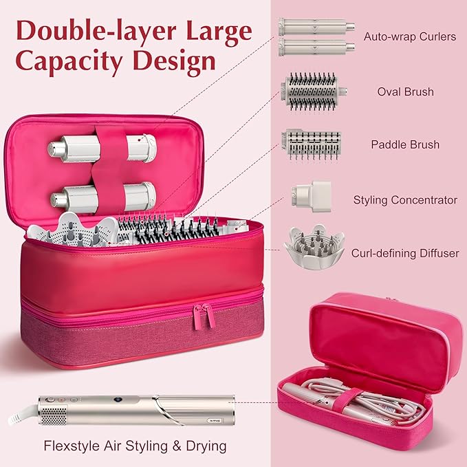 Travel Carrying Case for Shark Flex Style, Double Layer Hair Dryer Accessories Tools Storage Case, Waterproof PU Leather Organizer Bag for Shark Flexstyle/Dyson Airwrap Styler and Attachments (Pink)