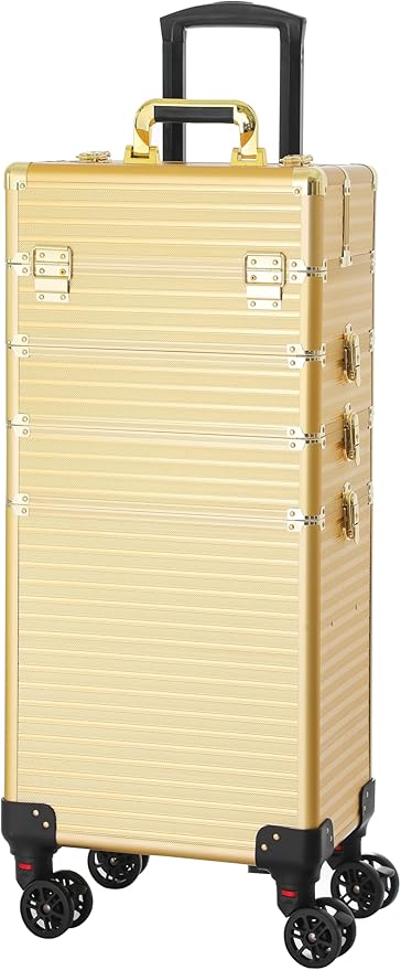 4 in 1 Portable Traveling Aluminum Professional Makeup Trolley Cart with Multiple-Sized Compartments and Wheels (Light gold)