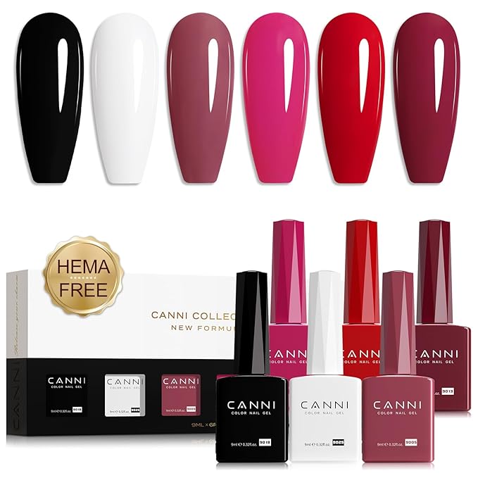 CANNI Gel Nail Polish Set, 6 Colors 9ML Nail Black White Red Pink Gel Nail Polish Brown Reddish Set Soak Off Uv LED Lamp Nail Art Design Manicure Salon for Women