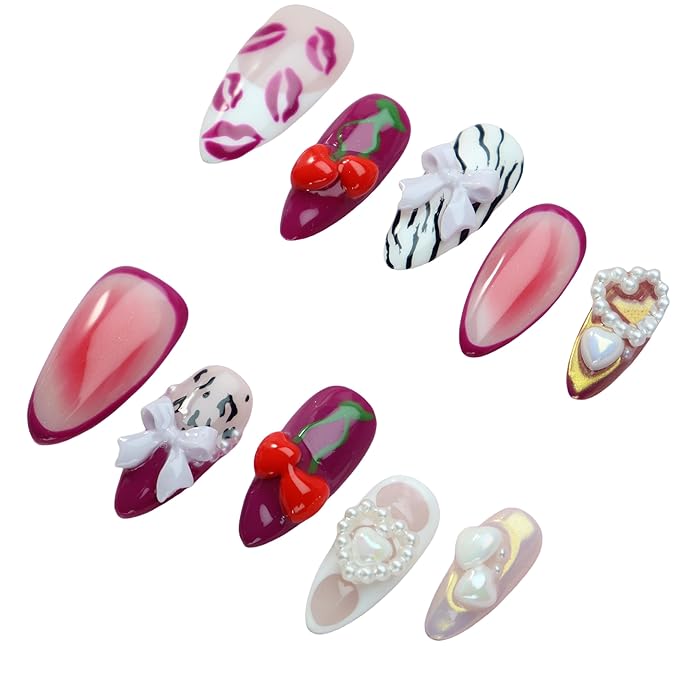 Almond Press on Nails Handmade Medium Long/Stiletto 3D Flower Fake Nail with Designs, Women Reusable False Nails (Heart Cherry Lips, S)