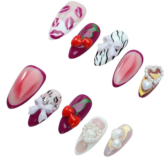 Almond Press on Nails Handmade Medium Long/Stiletto 3D Flower Fake Nail with Designs, Women Reusable False Nails (Heart Cherry Lips, S)