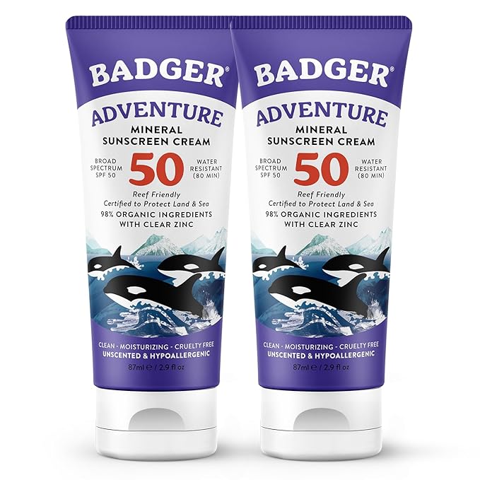 Badger Biodegradable Reef Safe Sunscreen, SPF 50 Unscented Zinc Oxide Sunscreen, 98% Organic Ingredients, Water Resistant Adventure Sport Sunblock, 2.9 fl oz, 2-Pack