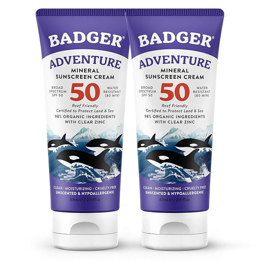 Badger Biodegradable Reef Safe Sunscreen, SPF 50 Unscented Zinc Oxide Sunscreen, 98% Organic Ingredients, Water Resistant Adventure Sport Sunblock, 2.9 fl oz, 2-Pack