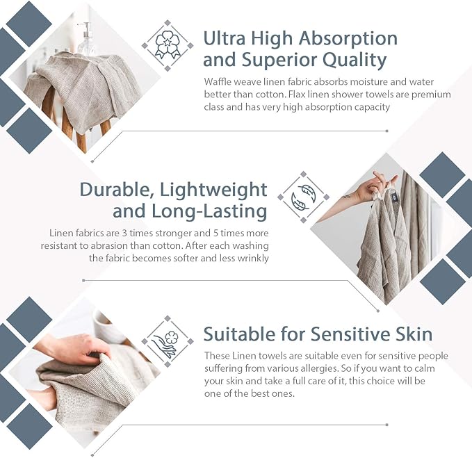 100% Flax Linen Hair Wrap Towels - Fast-Drying, Absorbent Linen Bath Towel - Ideal for Curly and Long Hair Drying Towels - Quick Dry Hair Care - Exfoliating Bath Towel - Large, Soft and Durable