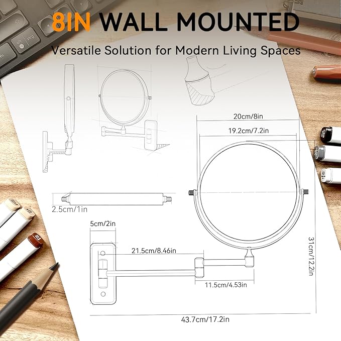 1X/20X Wall Mounted Makeup Mirror, 8'' 20X Magnifying Double-Sided Mirror with Tweezers, Bathroom Vanity Makeup Mirror, Cosmetic Mirror with 360 Rotation Extendable Swivel Arm, Chrome
