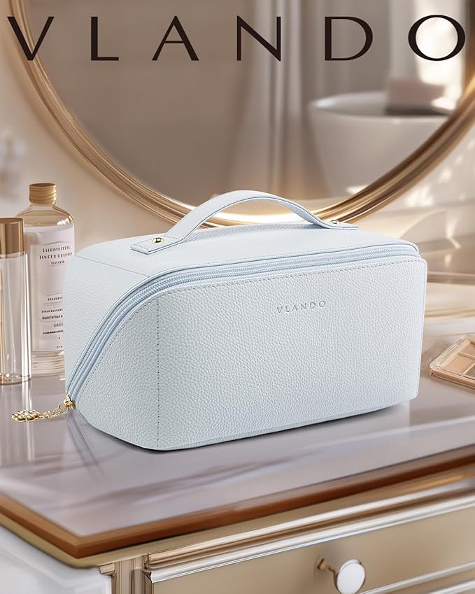 Vlando Makeup Bag,Travel Makeup Bag Waterproof Portable Cosmetic Bag PU Leather Open Flat Make up Organizer for Toiletries,Gifts for Teen Girls Women(Baby Blue)