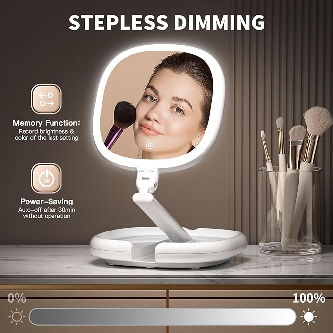 6.3” Makeup Mirror with Light and Magnification, 10X/1X Light Up Makeup Mirror Lighted Make Up Mirror with Adjustable Height Double Sides Folding Magnifying Mirror with Light