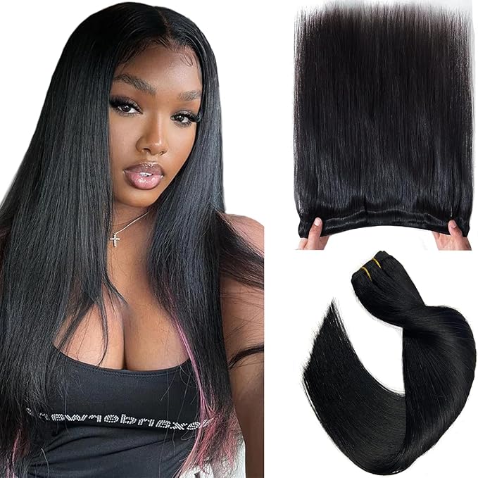 Sew in Hair Extensions Real Human Hair Jet Black 24 Inch Hand Tied Weft Hair Extensions Human Hair Weave Bundles 120G Darkest Black Hair Extensions Real Human Hair Bundles Sew in Weft Extensions