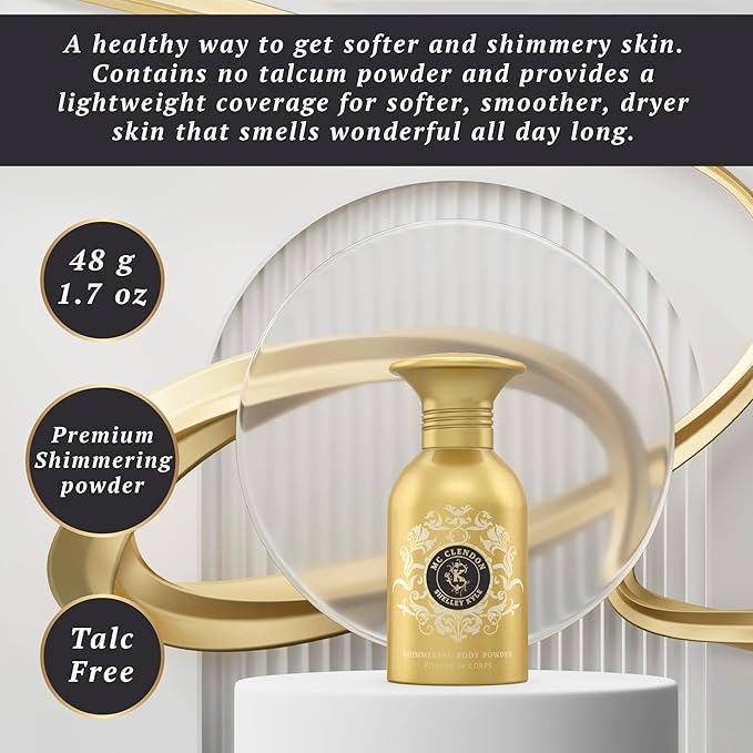 Shelley Kyle Mcclendon Talc Free Shimmer Powder, Body Powder, Dusting Powder, Leaves Skin Soft, Dry, Smooth, and Shimmering, 48g