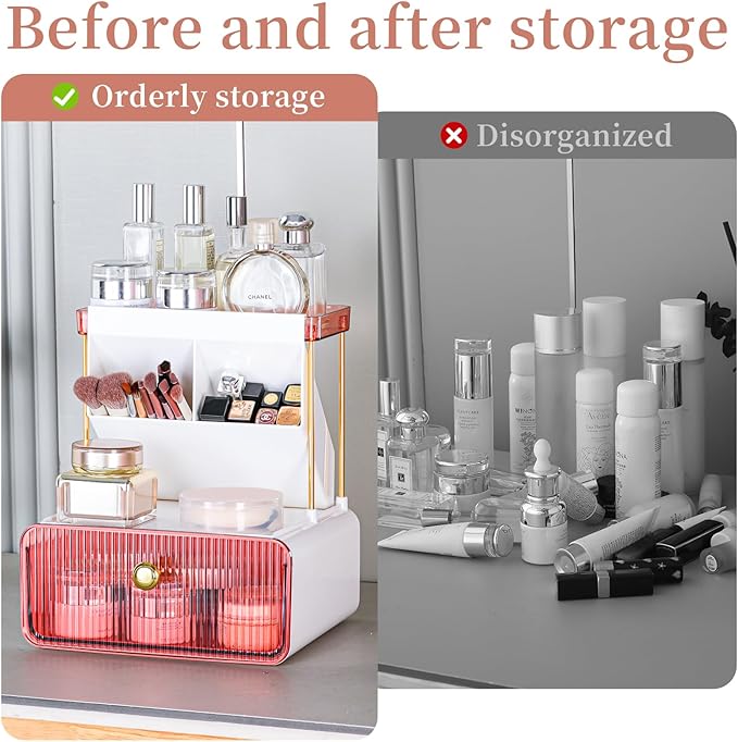Makeup Organizer with Drawer, Bathroom Organizers and Storage，Makeup Brush Holder,Lipstick and Perfume Organizer,Cosmetic and Vanity Organizer,Desk Organizer