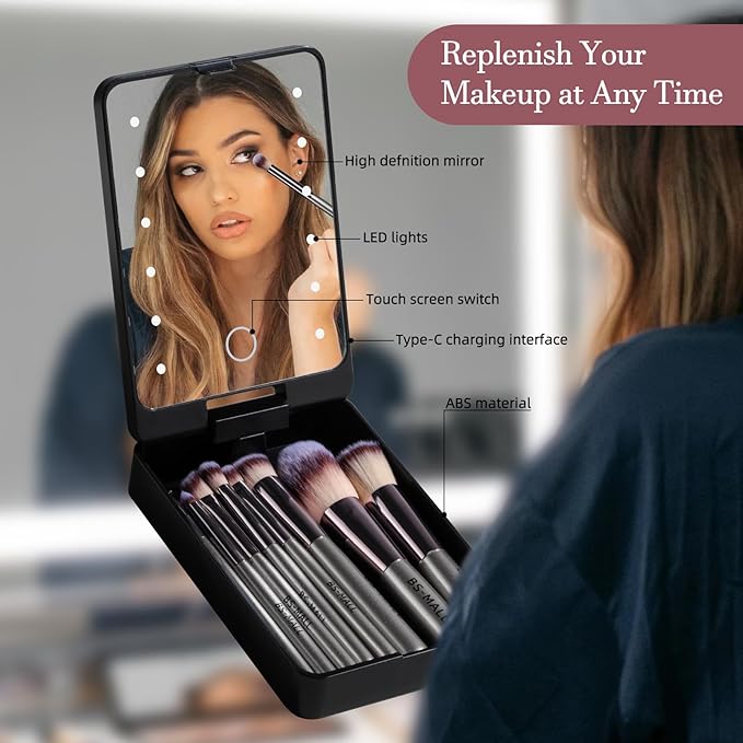 BS-MALL Travel Makeup Brush Set Foundation Powder Concealers Eye Shadows Makeup Set with LED light Mirror 14 Pcs (C-Champange)
