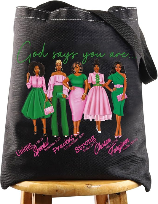 WZMPA Sorority Sisters Cosmetic Makeup Bag Pink and Green Gift God Says You Are Sorority Makeup Zipper Pouch Bag Greek Sorority Paraphernalia (God Says AK T-BL)