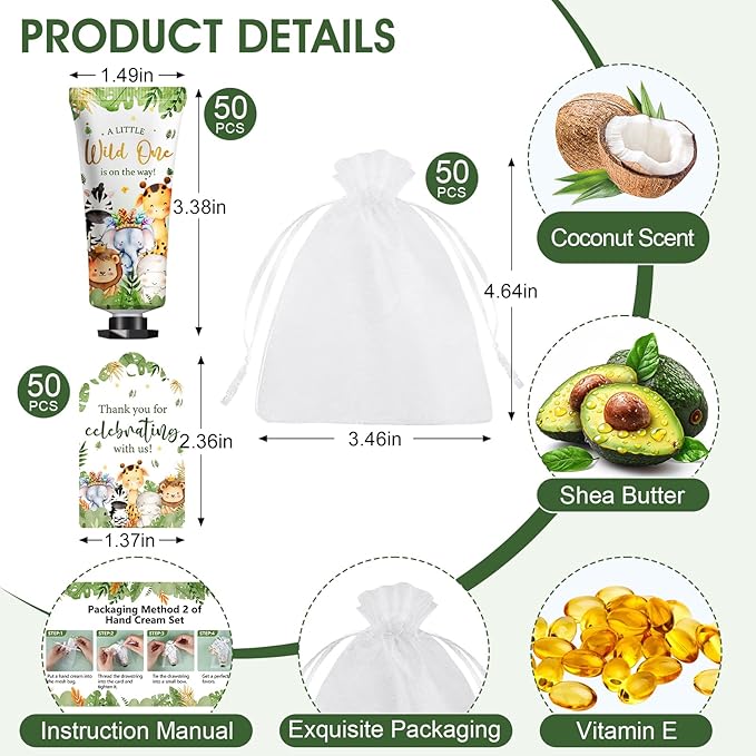50 Pack Baby Shower Bulk Hand Cream Gifts Sets, Baby Shower Favors and Bridal Shower Favors for Guests with Thank You Card and Organza Gift Bags, Birthday Gifts, Appreciation Gifts for Guests (Animal)