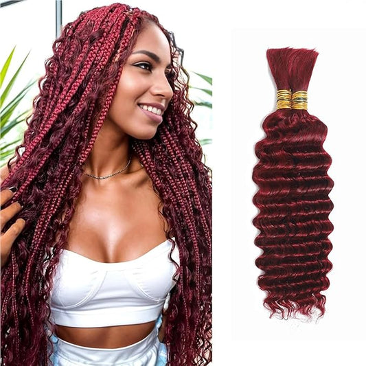Burgundy Human Braiding Hair for Boho Braids 12A No Weft Curly Human Hair Braiding Hair Wet and Wavy Water Wave Bulk Human Hair for Braiding 2 Bundles/Pack (99J-Deep Wave, 16 Inch)